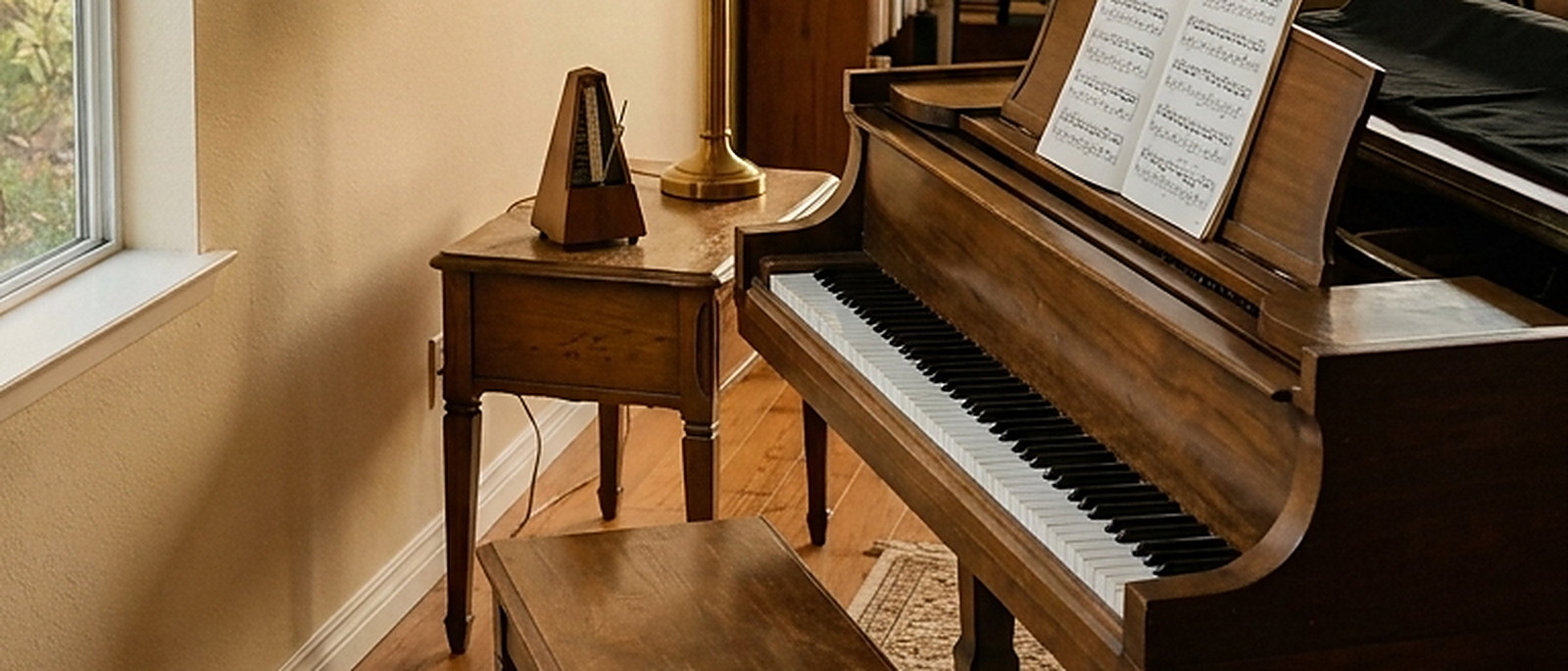 Illustrated — a walnut grand piano by the window, a metronome and a lamp on the side table