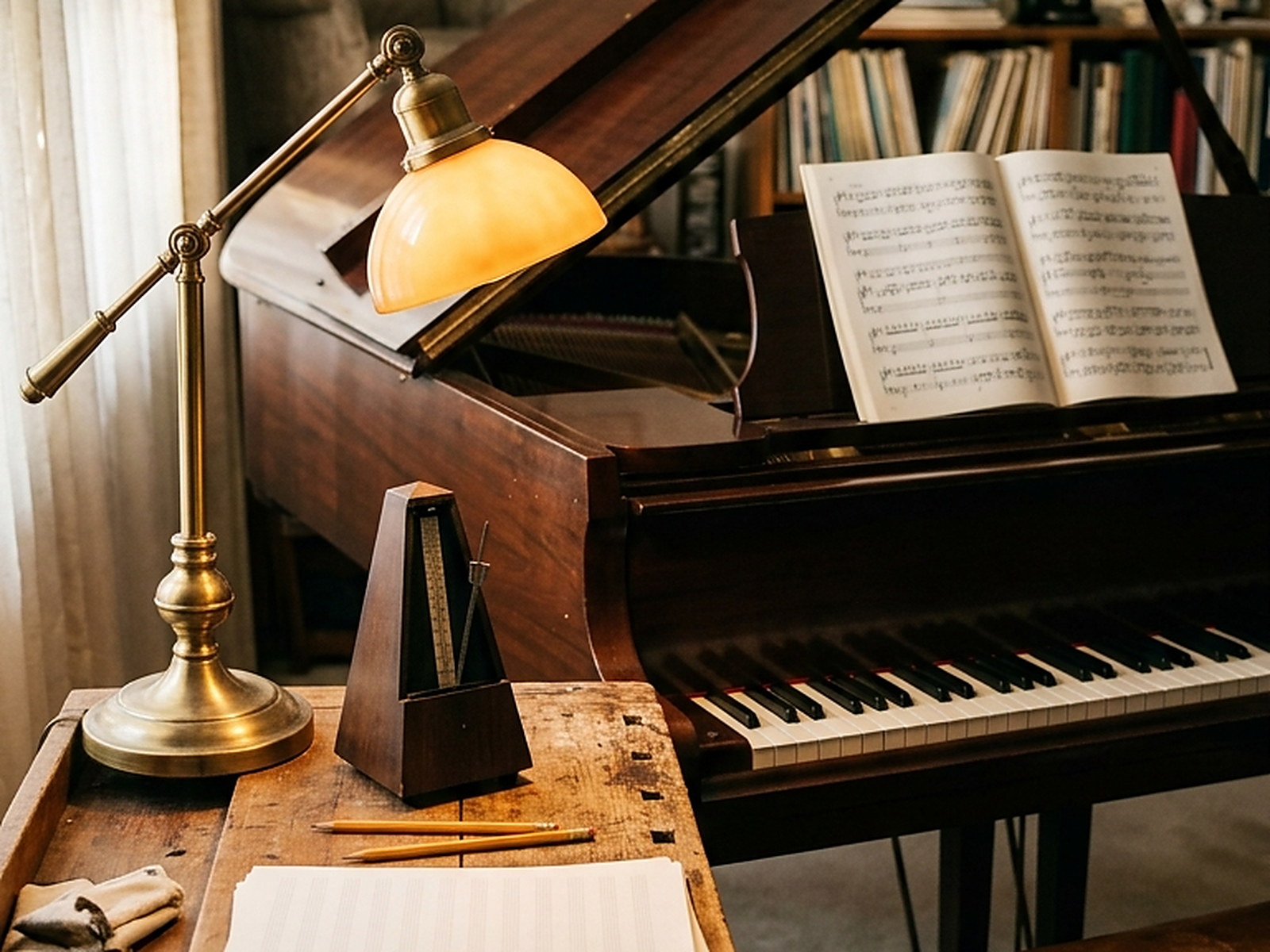 Illustrated — a metronome, pencils and blank manuscript paper on a table, an open score on the piano behind