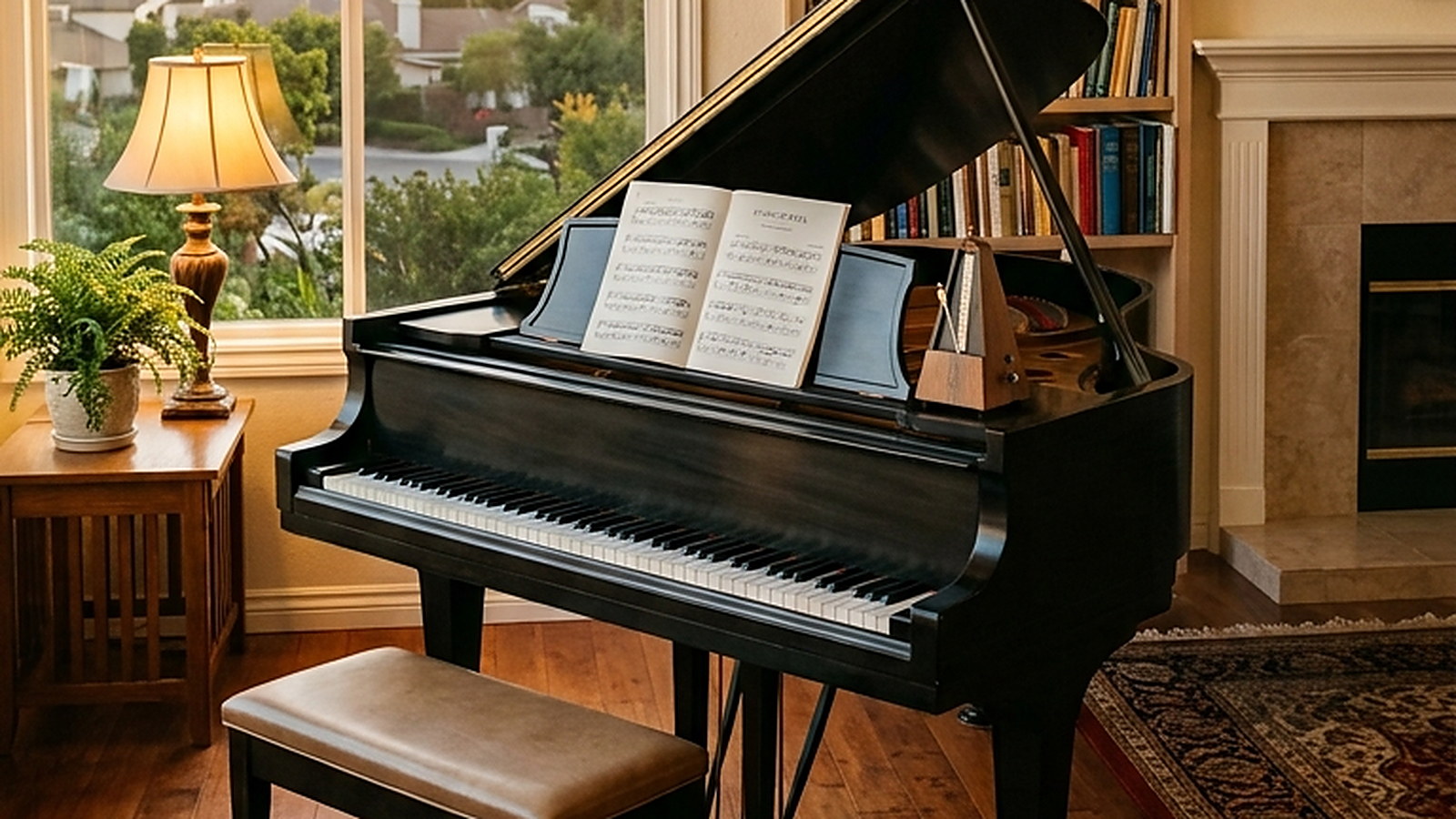 Illustrated — a grand piano with the lid up and a metronome, by a window in the late afternoon