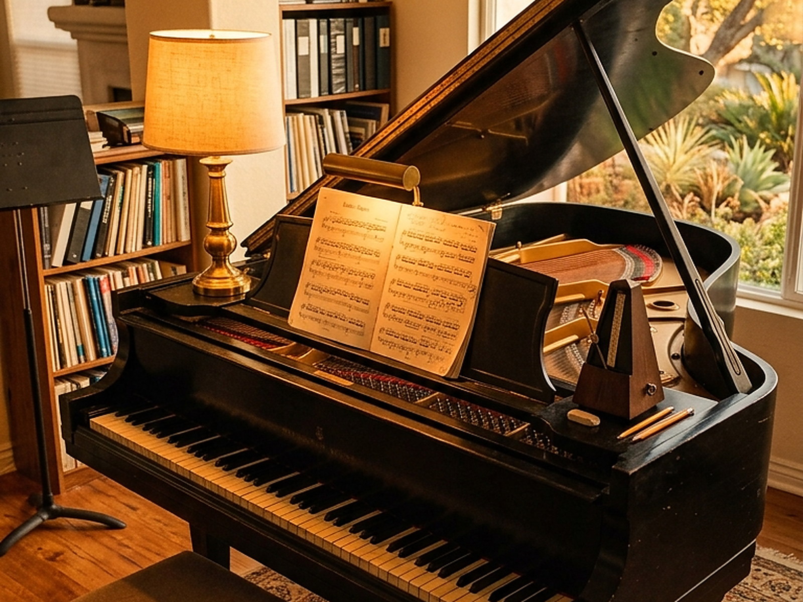 Illustrated — The instrument. A grand piano, lid up, score on the stand