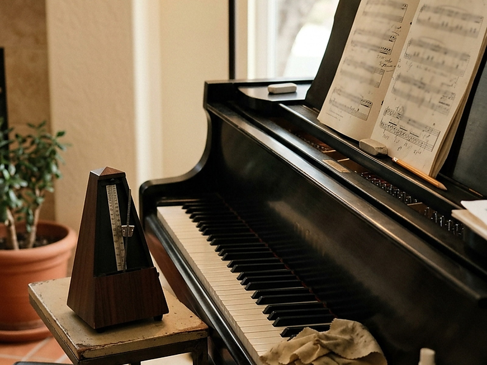 Illustrated — a metronome on a side table, the keyboard and an open score