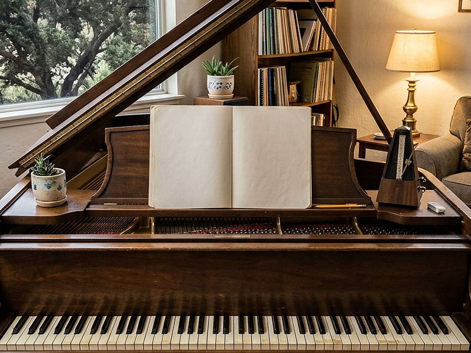 Illustrated — an open blank music book on the stand of a grand piano, a metronome and the keyboard below